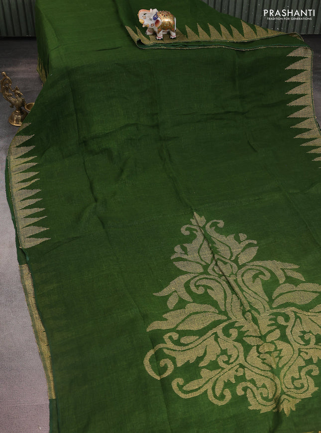 Pure linen saree sap green with plain body and thread weaving pallu