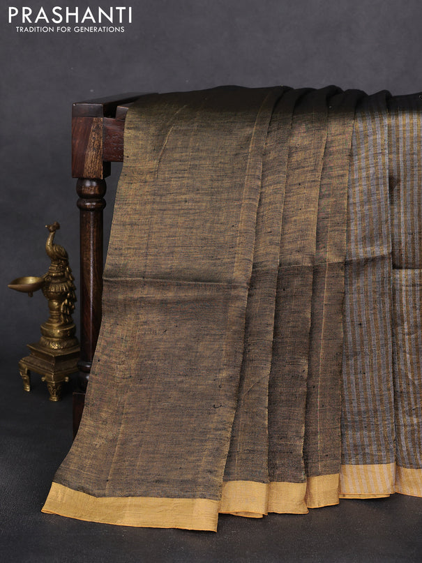 Pure linen tissue saree gold and grey with allover stripe pattern and zari woven border