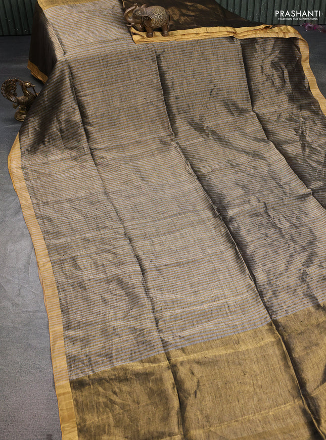 Pure linen tissue saree gold and grey with allover stripe pattern and zari woven border