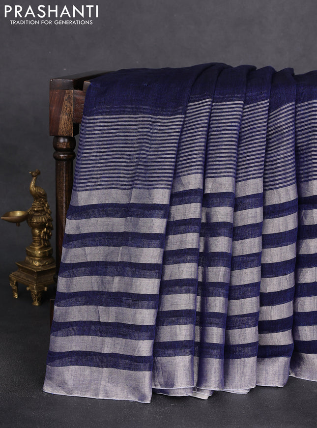 Pure linen saree blue and grey with plain body and long silver zari woven border