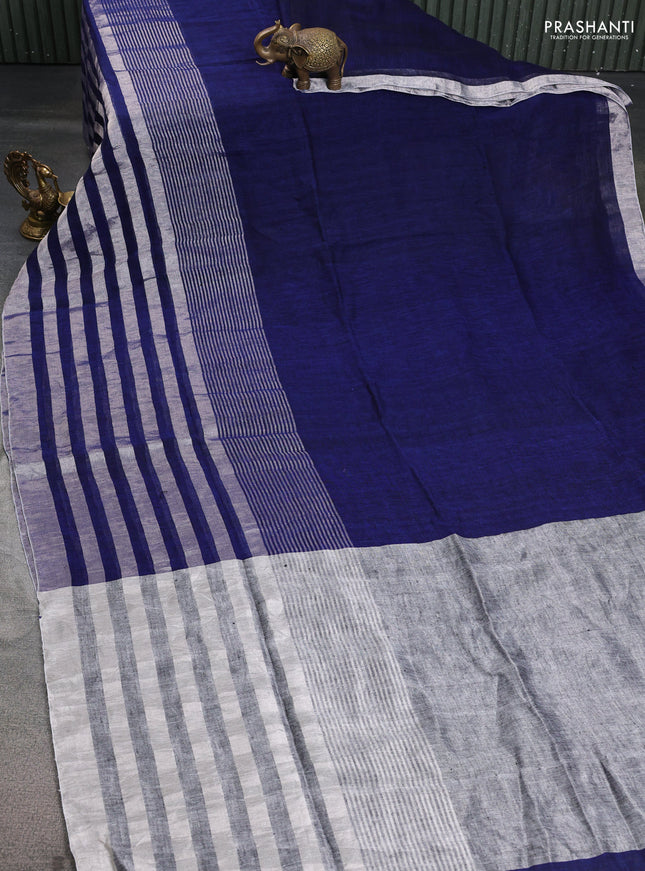 Pure linen saree blue and grey with plain body and long silver zari woven border