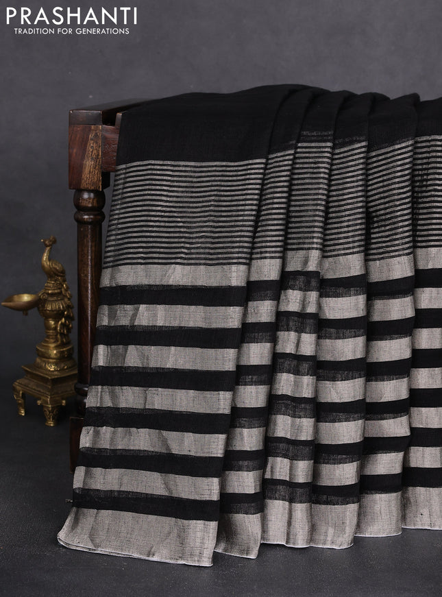 Pure linen saree black and grey with plain body and long silver zari woven border