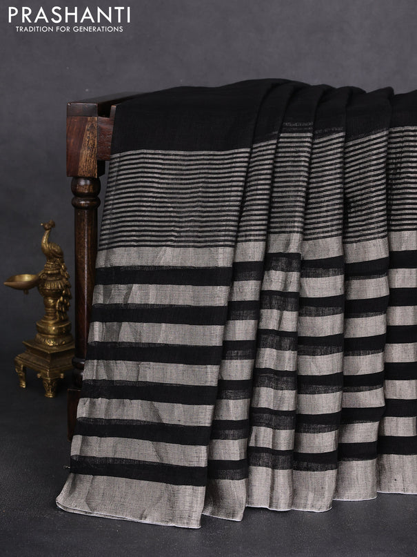 Pure linen saree black and grey with plain body and long silver zari woven border