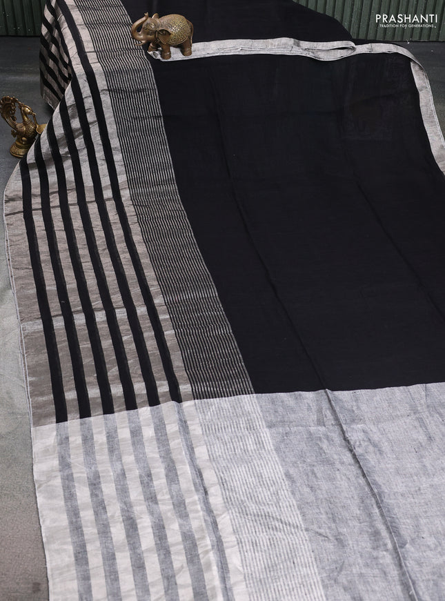 Pure linen saree black and grey with plain body and long silver zari woven border