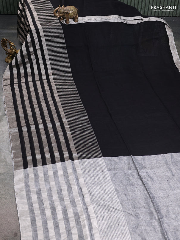 Pure linen saree black and grey with plain body and long silver zari woven border