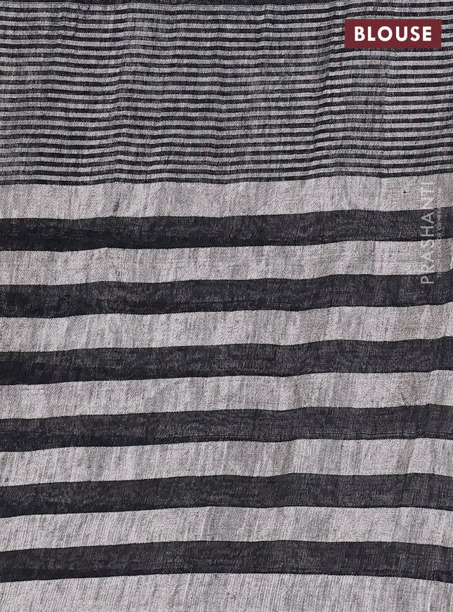 Pure linen saree black and grey with plain body and long silver zari woven border