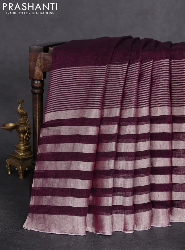 Pure linen saree purple and grey with plain body and long silver zari woven border
