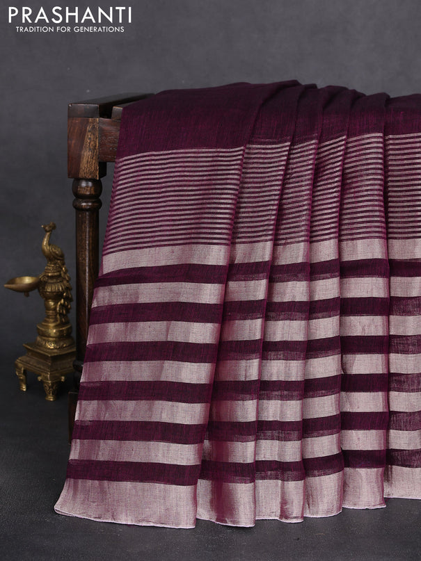 Pure linen saree purple and grey with plain body and long silver zari woven border