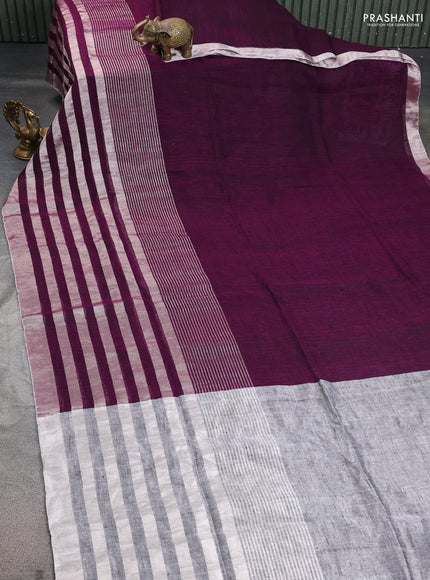 Pure linen saree purple and grey with plain body and long silver zari woven border