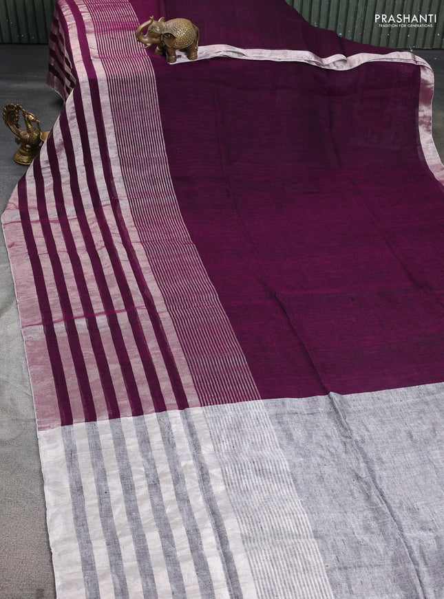 Pure linen saree purple and grey with plain body and long silver zari woven border