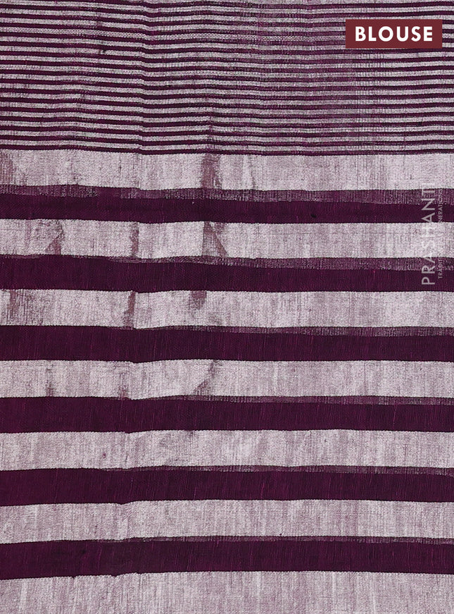 Pure linen saree purple and grey with plain body and long silver zari woven border