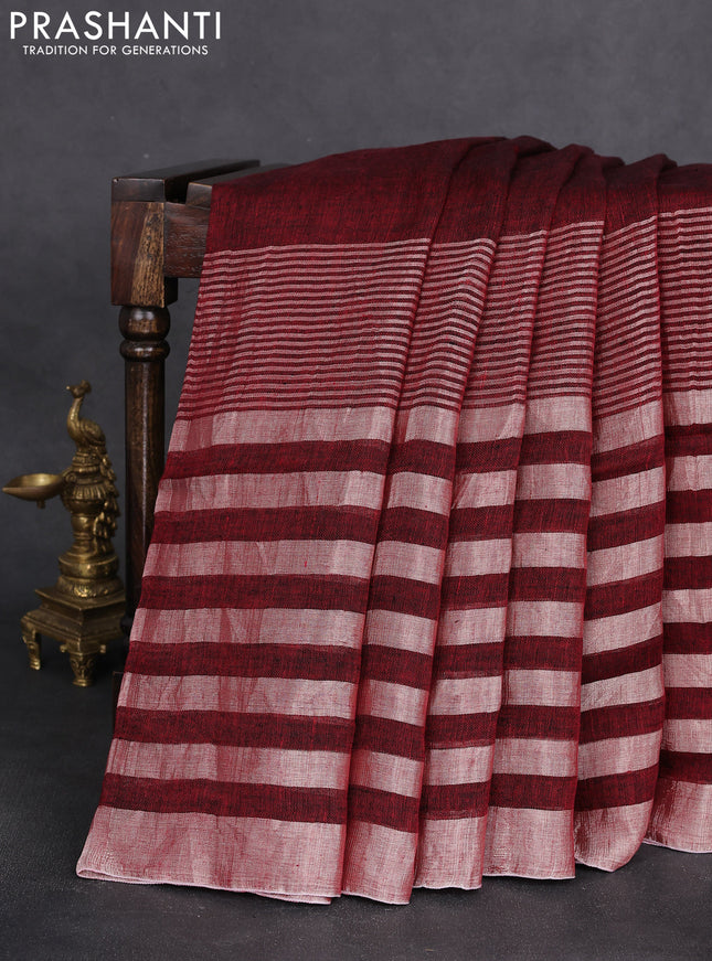 Pure linen saree maroon and grey with plain body and long silver zari woven border