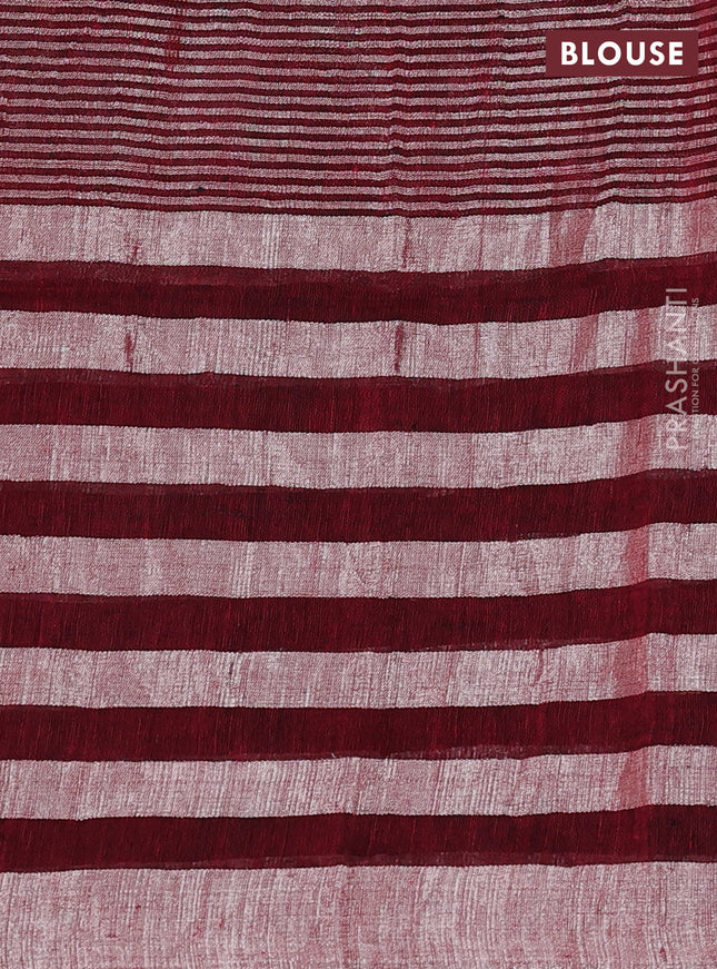 Pure linen saree maroon and grey with plain body and long silver zari woven border