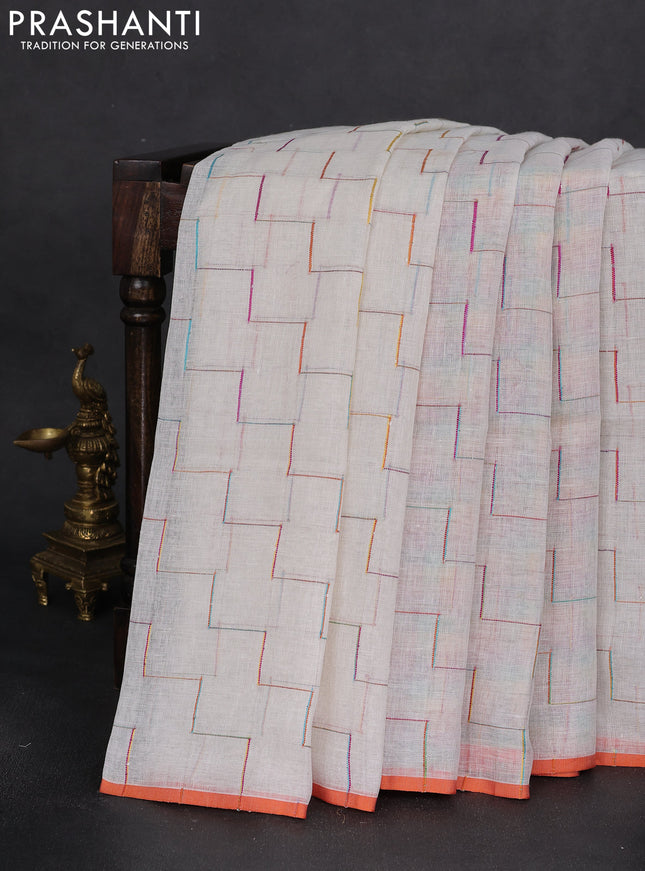 Pure linen saree off white and orange with allover zig zag thread weaves and flower design embroidery pallu