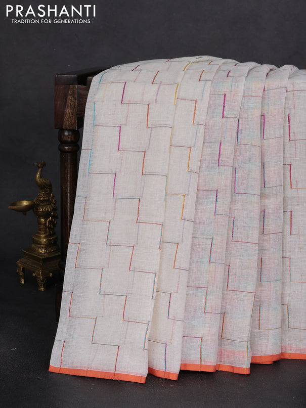 Pure linen saree off white and orange with allover zig zag thread weaves and flower design embroidery pallu