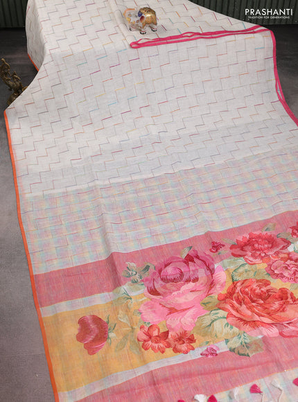 Pure linen cotton saree off white and orange with allover zig zag thread weaves and flower design embroidery pallu