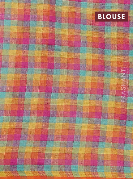 Pure linen cotton saree off white and orange with allover zig zag thread weaves and flower design embroidery pallu