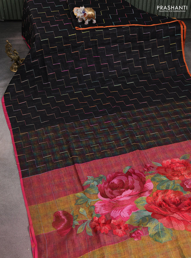 Pure linen saree black and pink with allover zig zag thread weaves and flower design embroidery pallu