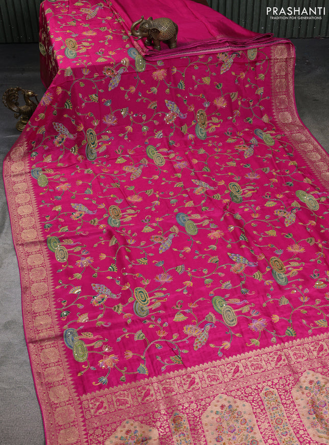 Crepe silk saree pink with allover mina weaves & sequin work and zari woven border