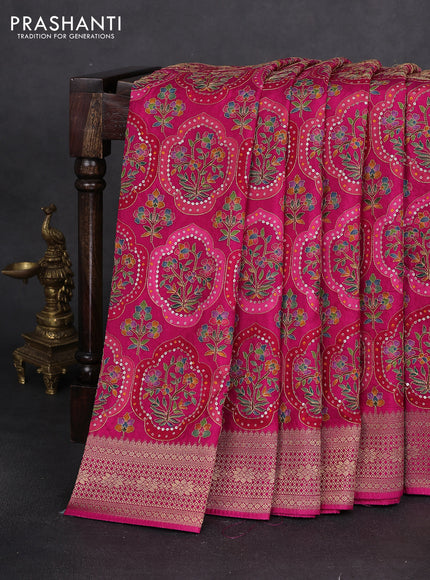 Crepe silk saree pink with allover mina weaves & sequin work and zari woven border