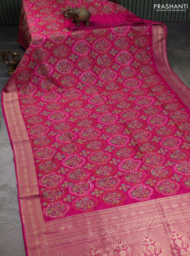 Crepe silk saree pink with allover mina weaves & sequin work and zari woven border