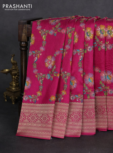 Crepe silk saree pink with allover mina weaves & sequin work and zari woven border