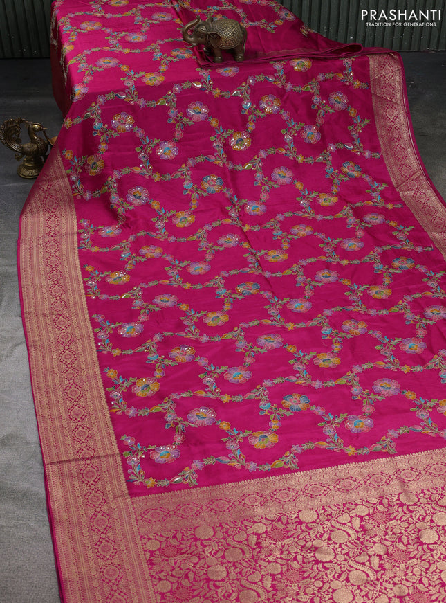 Crepe silk saree pink with allover mina weaves & sequin work and zari woven border