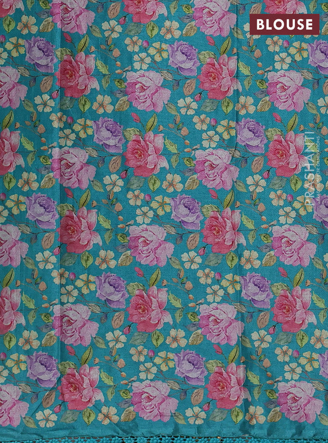 Semi raw silk saree teal blue with allover mirror work and lace work border