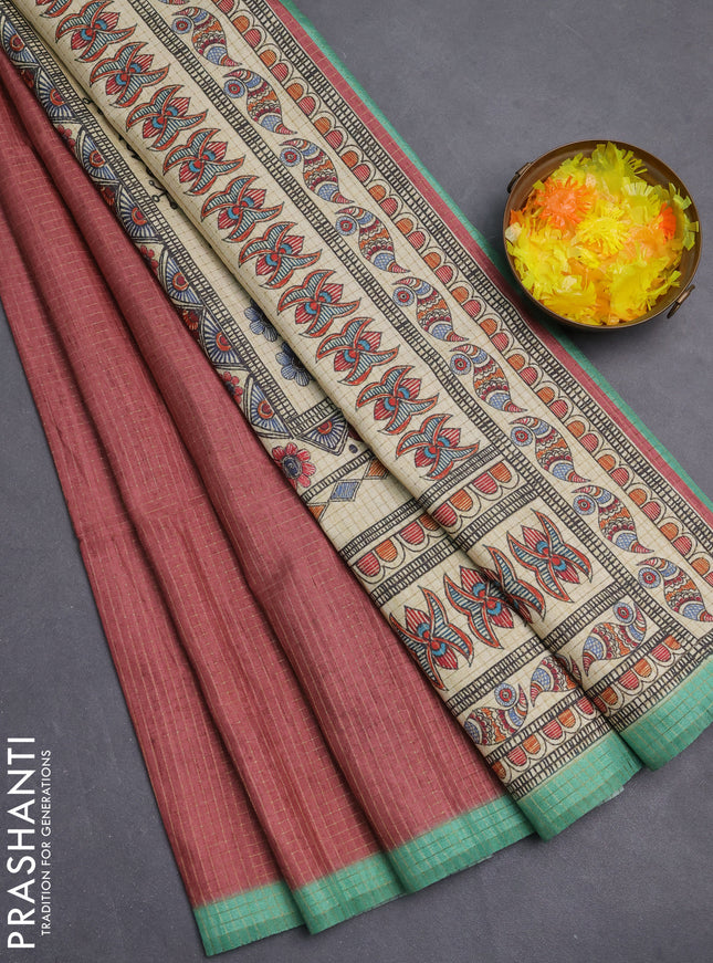 Chappa saree maroon and teal green with allover zari checked pattern and madhubani printed pallu