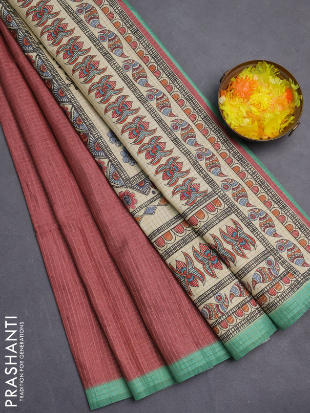 Chappa saree maroon and teal green with allover zari checked pattern and madhubani printed pallu