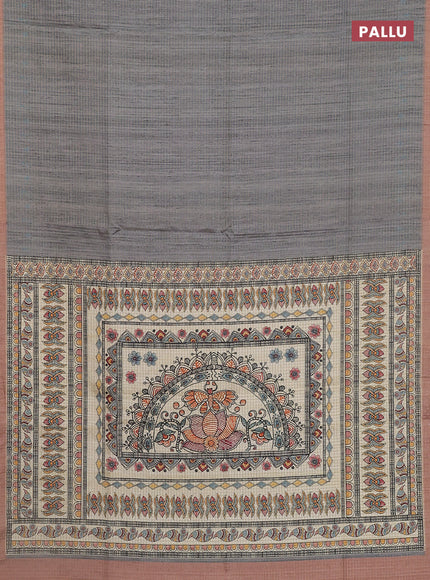Chappa saree grey and peach shade with allover zari checked pattern and madhubani printed pallu