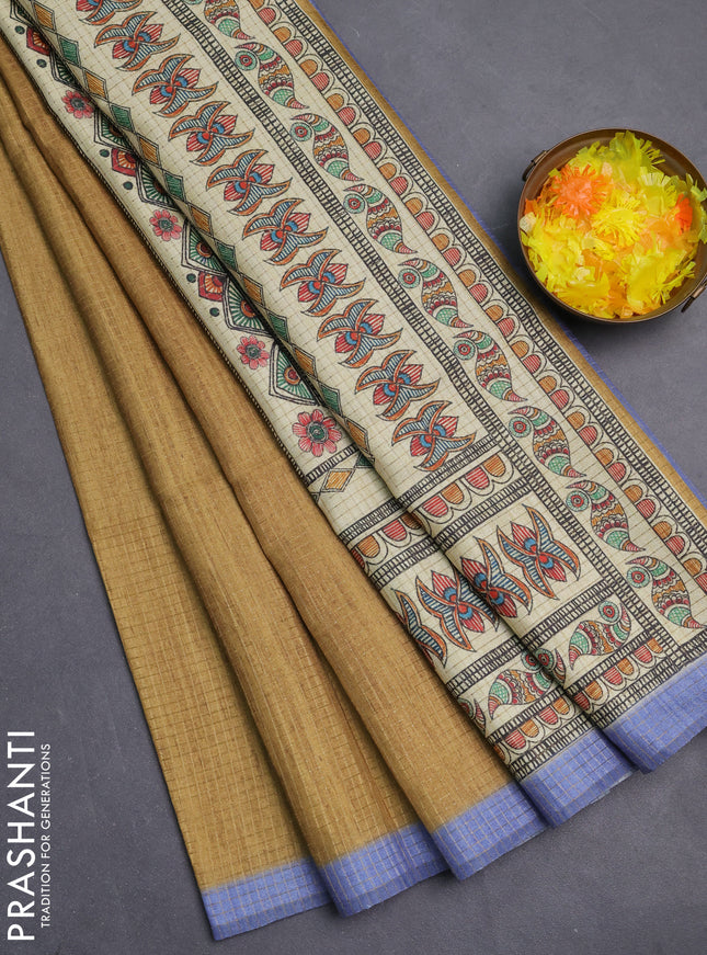 Chappa saree mustard yellow and blue with allover zari checked pattern and madhubani printed pallu