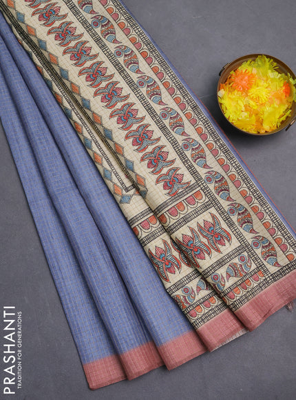 Chappa saree blue shade and peach shade with allover zari checked pattern and madhubani printed pallu