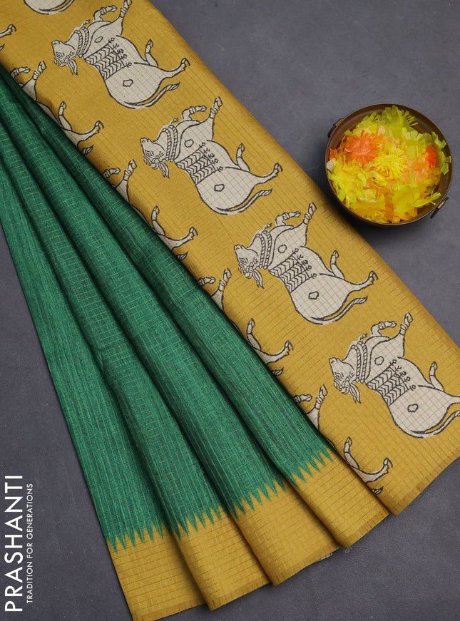 Chappa saree green and yellow with allover zari checked pattern and printed pallu