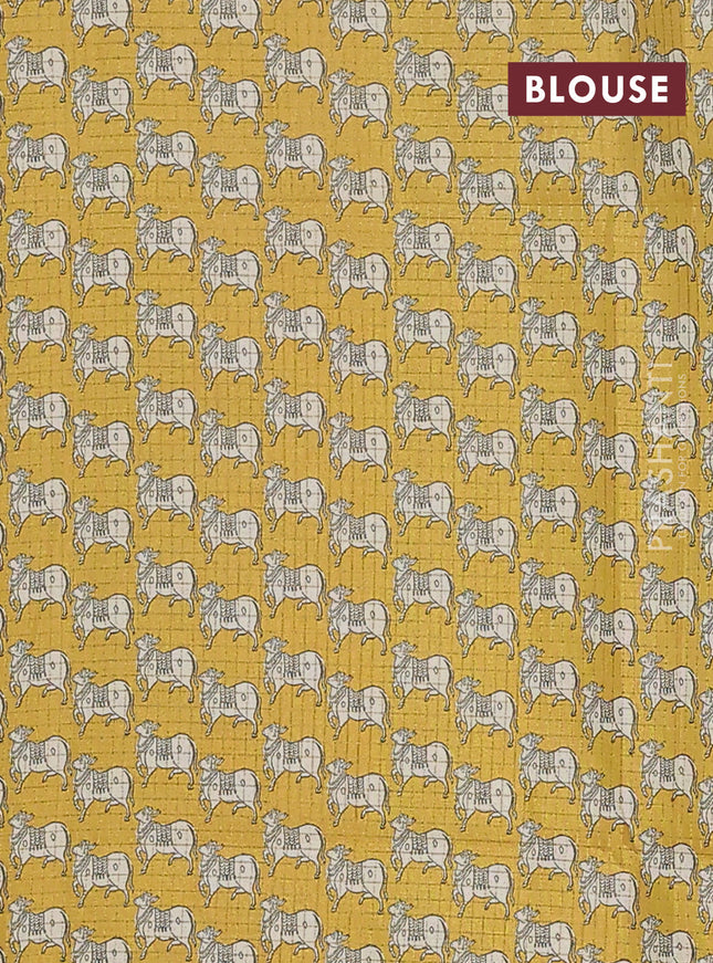 Chappa saree green and yellow with allover zari checked pattern and printed pallu