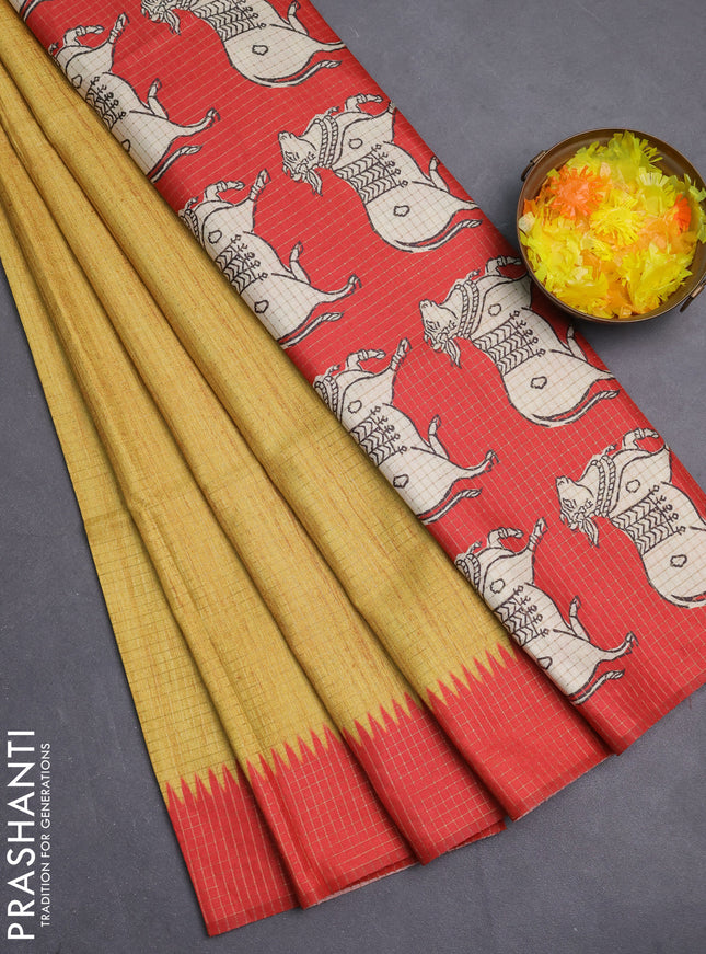 Chappa saree mustard yellow and red with allover zari checked pattern and printed pallu