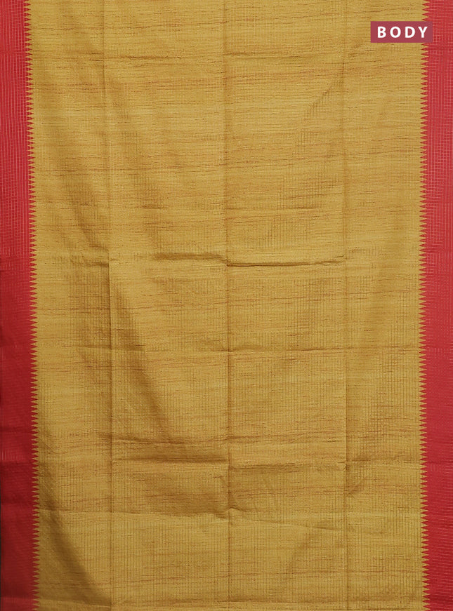 Chappa saree mustard yellow and red with allover zari checked pattern and printed pallu
