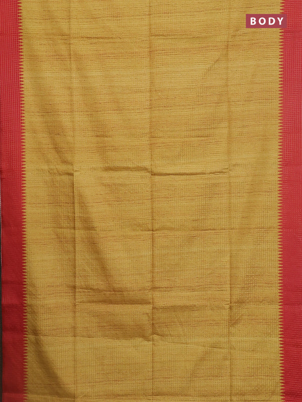 Chappa saree mustard yellow and red with allover zari checked pattern and printed pallu