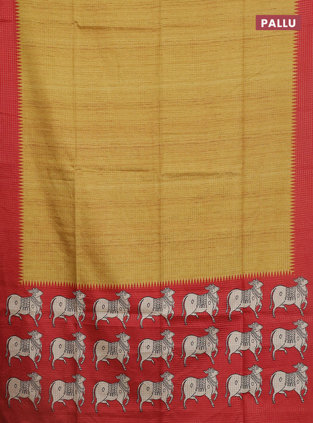 Chappa saree mustard yellow and red with allover zari checked pattern and printed pallu