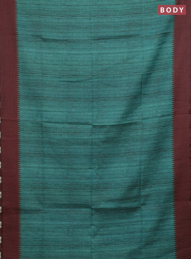 Chappa saree teal green and deep maroon with allover zari checked pattern and printed pallu