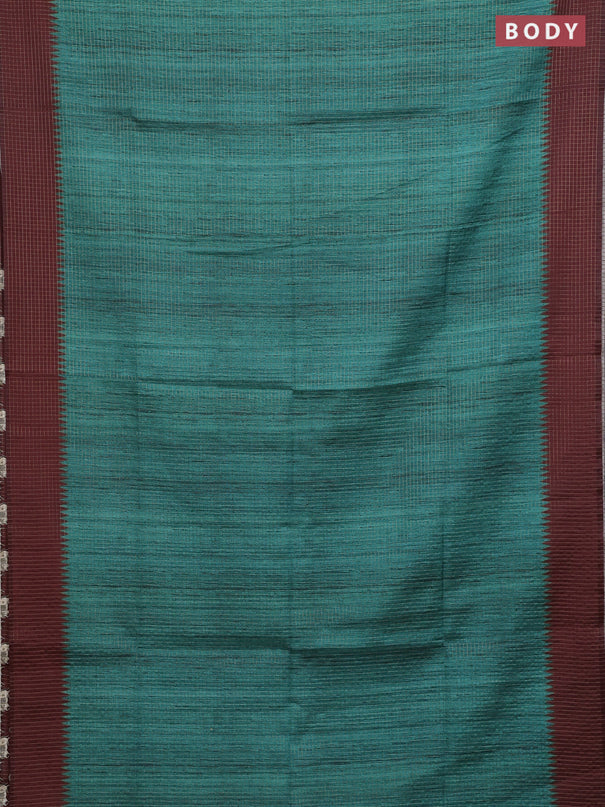 Chappa saree teal green and deep maroon with allover zari checked pattern and printed pallu