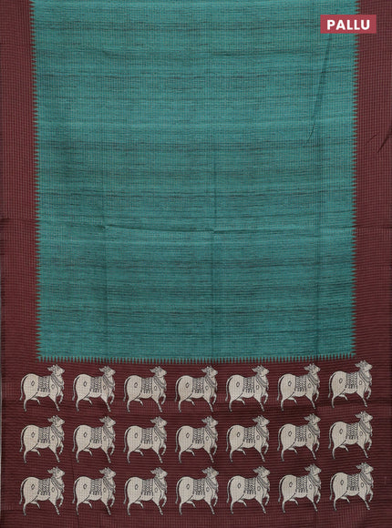 Chappa saree teal green and deep maroon with allover zari checked pattern and printed pallu