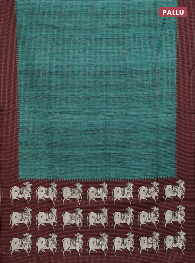 Chappa saree teal green and deep maroon with allover zari checked pattern and printed pallu