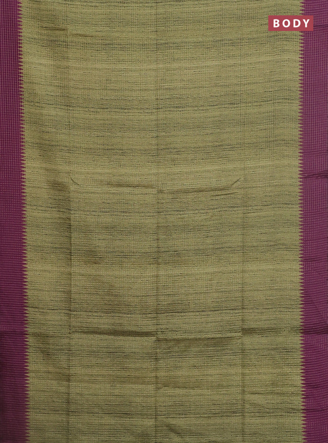 Chappa saree mehendi green and purple with allover zari checked pattern and printed pallu