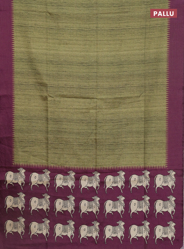 Chappa saree mehendi green and purple with allover zari checked pattern and printed pallu