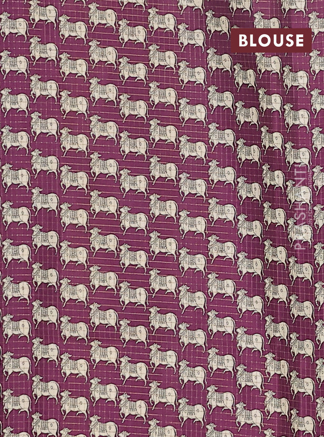 Chappa saree mehendi green and purple with allover zari checked pattern and printed pallu