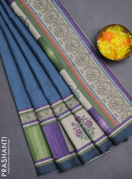 Chappa saree peacock blue with allover zari checked pattern and printed pallu