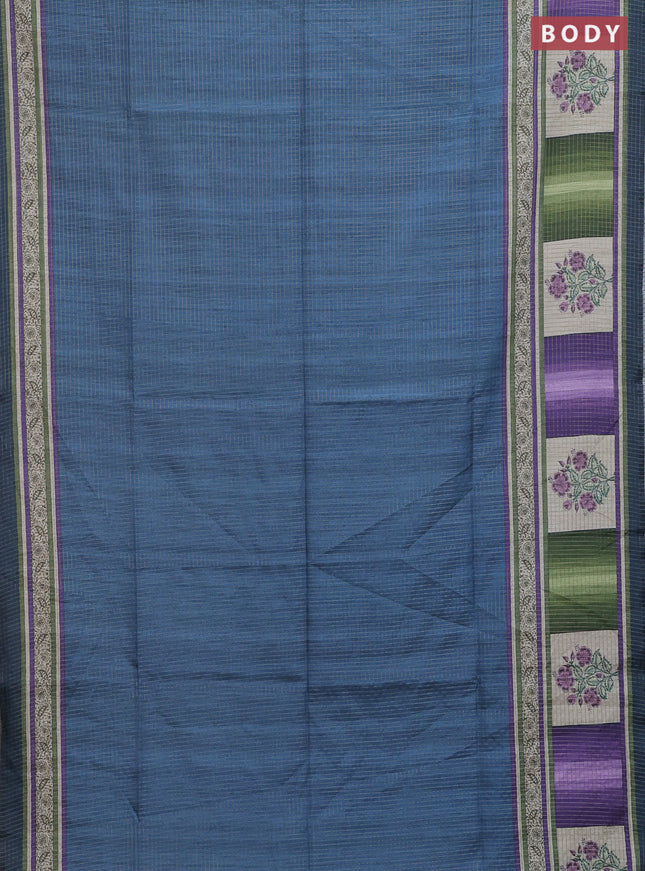 Chappa saree peacock blue with allover zari checked pattern and printed pallu