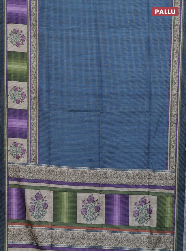 Chappa saree peacock blue with allover zari checked pattern and printed pallu