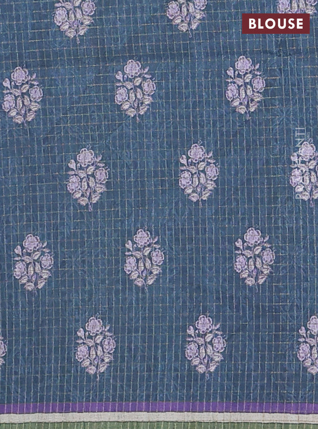 Chappa saree peacock blue with allover zari checked pattern and printed pallu